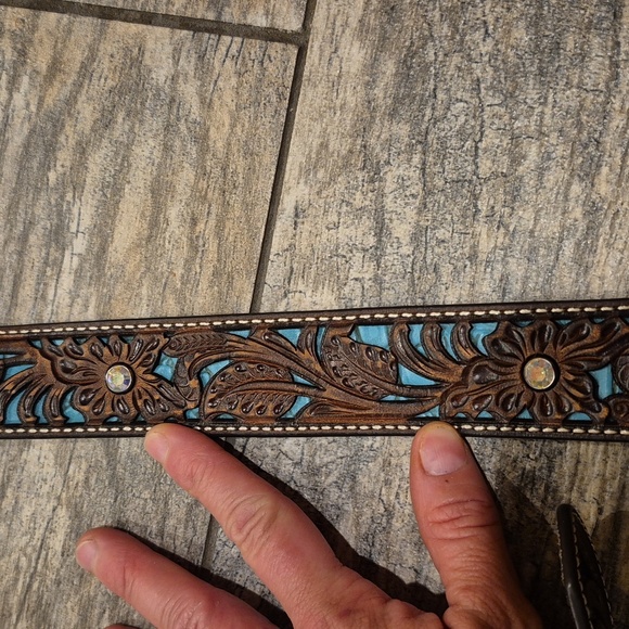 Ariat Womens Brown Teal Leather Belt Silver Buckle And Rhinestones Sz Large - Picture 4 of 4